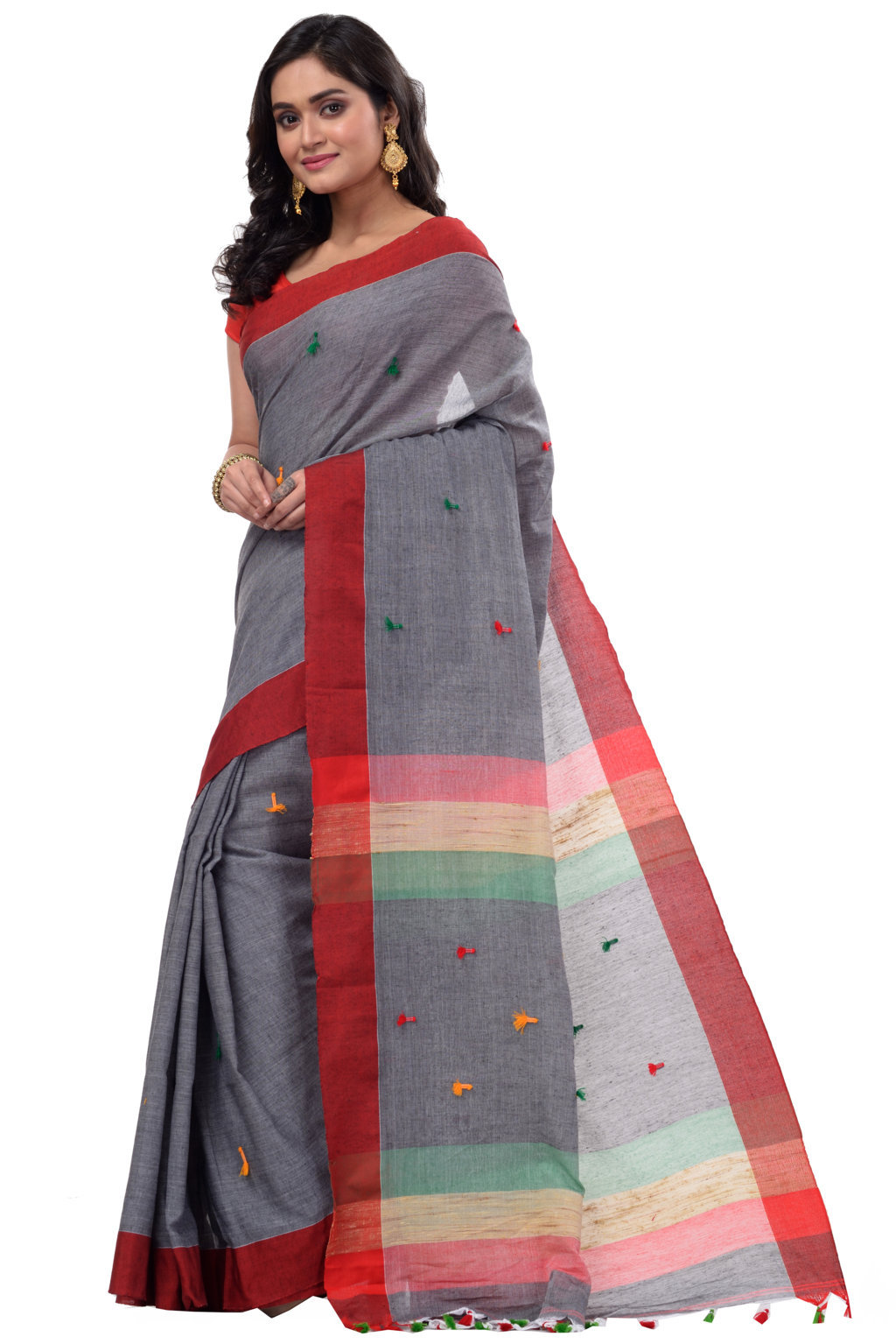 Grey Pure Cotton Clacial Desigined Hand Loom Saree (120)